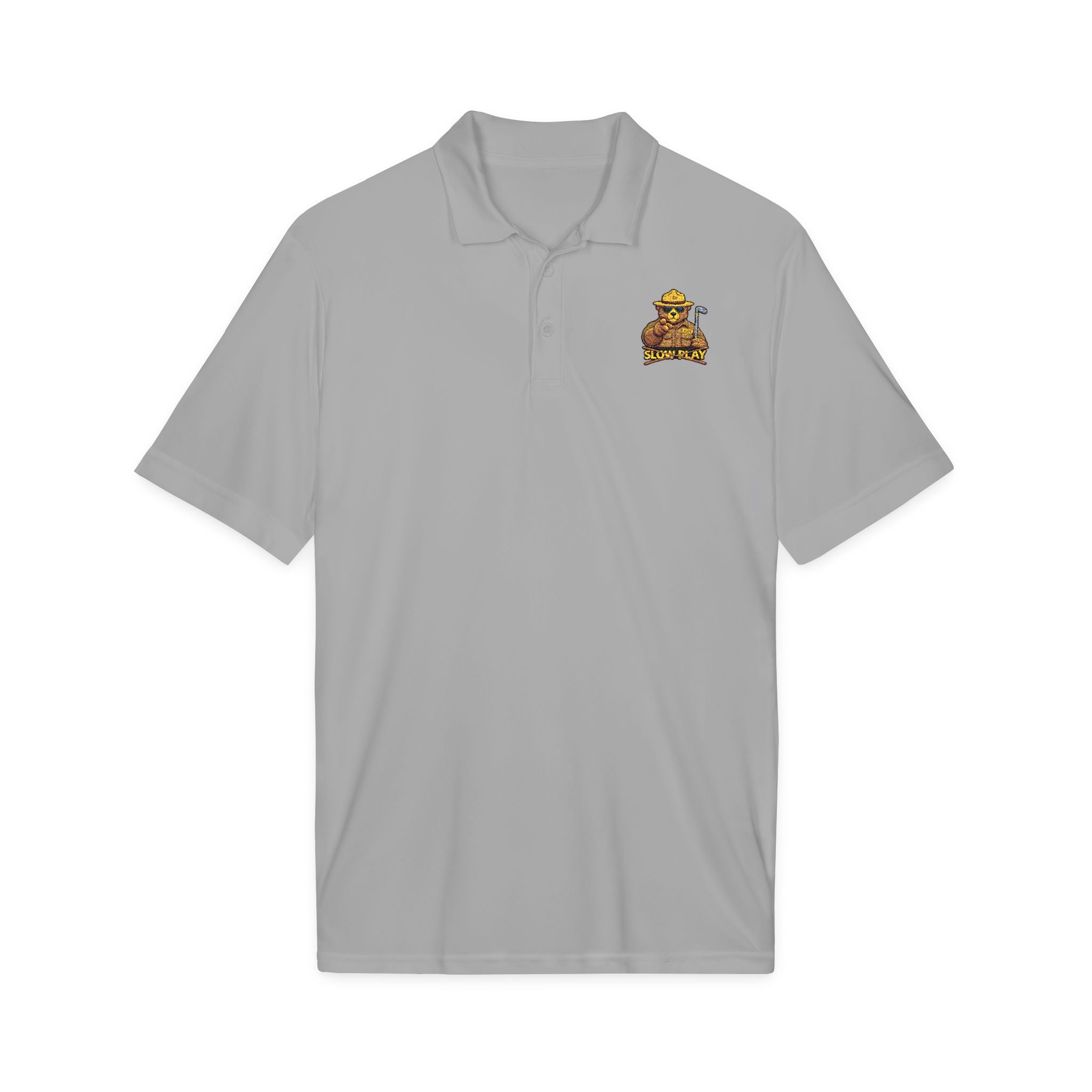 Embroidered No SLOW PLAY Bear Polo Shirt — White Performance Short-Sleeve