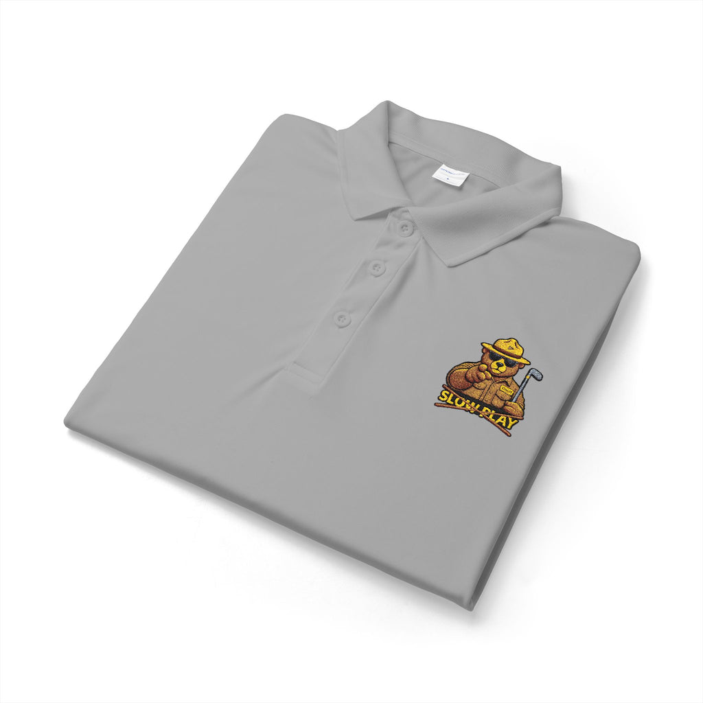 Embroidered No SLOW PLAY Bear Polo Shirt — White Performance Short-Sleeve