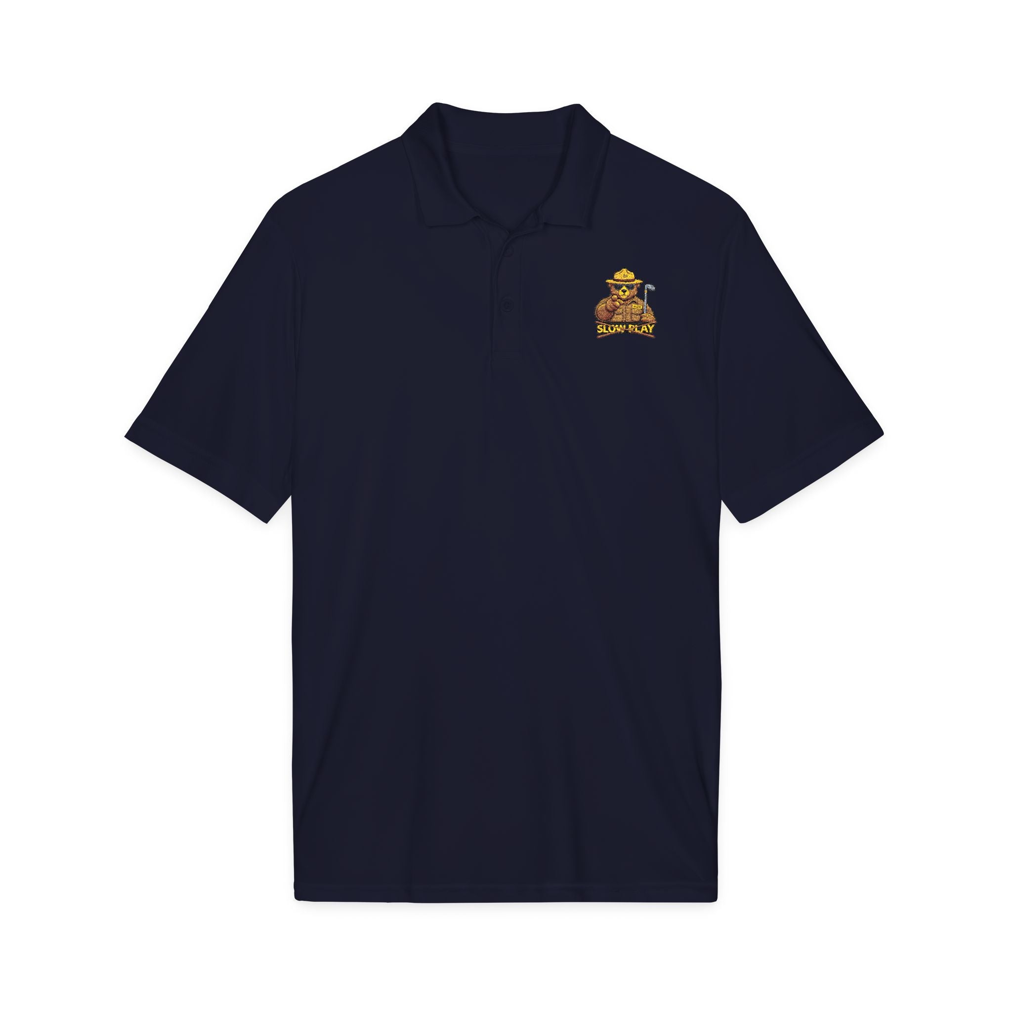 Embroidered No SLOW PLAY Bear Polo Shirt — White Performance Short-Sleeve