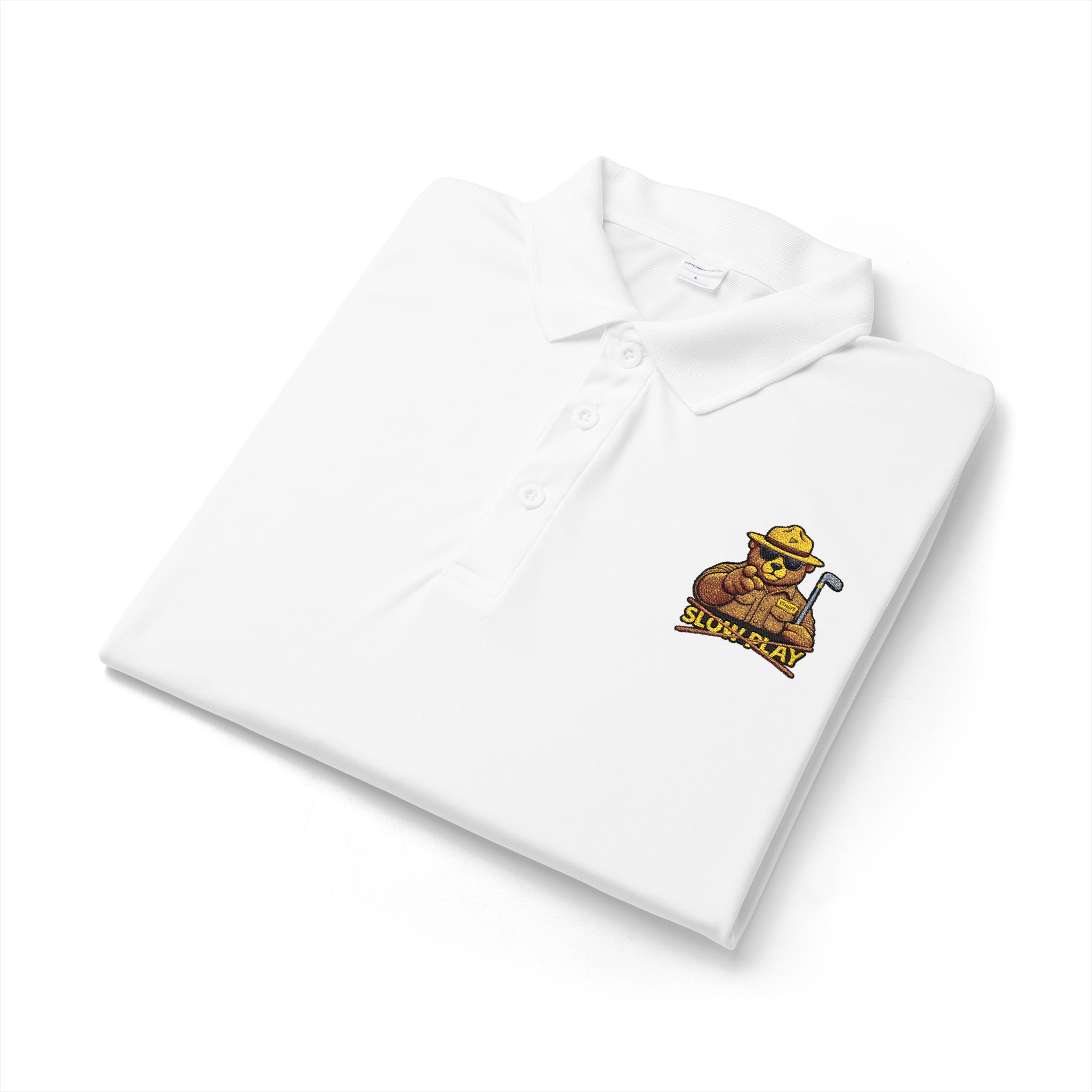 Embroidered No SLOW PLAY Bear Polo Shirt — White Performance Short-Sleeve