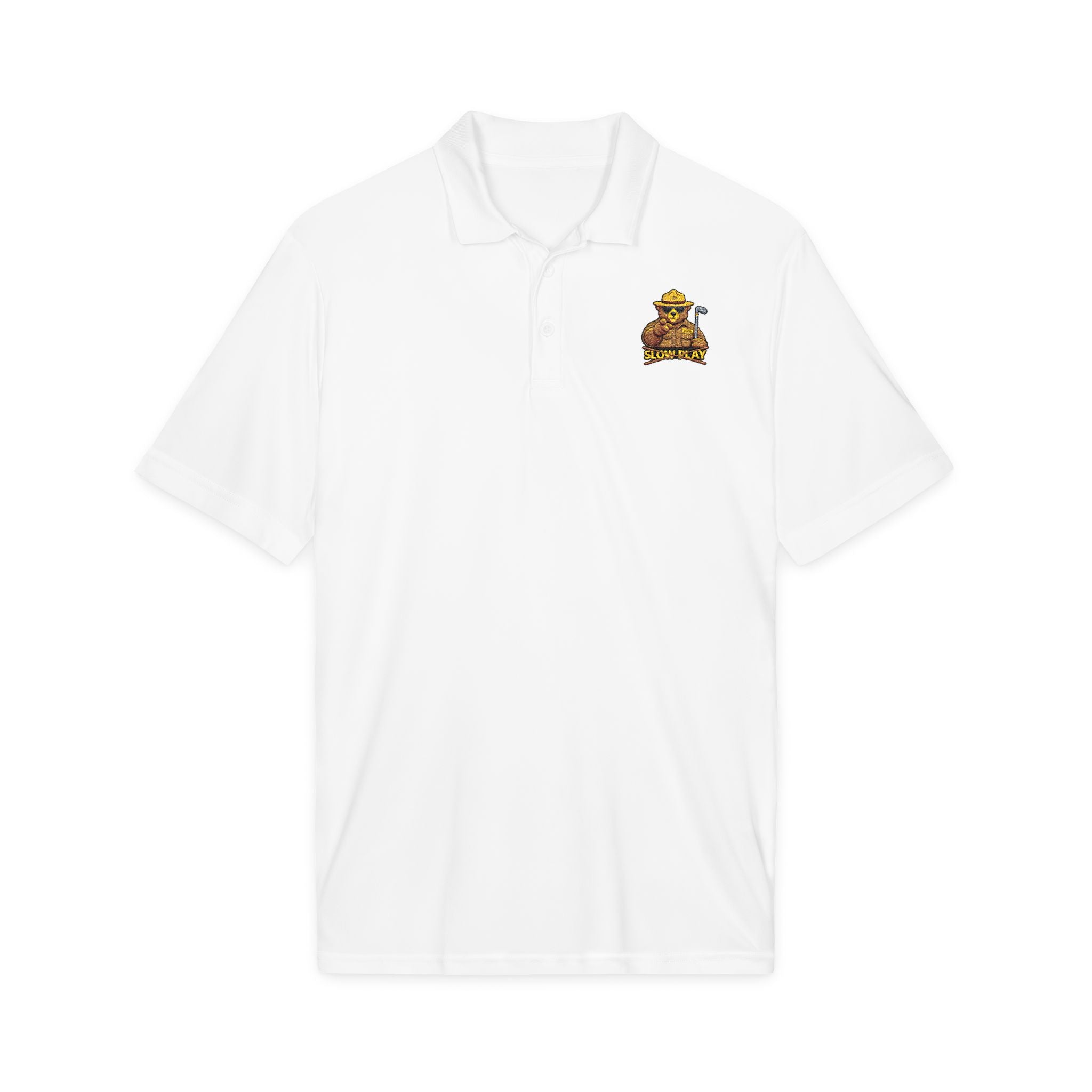 Embroidered No SLOW PLAY Bear Polo Shirt — White Performance Short-Sleeve