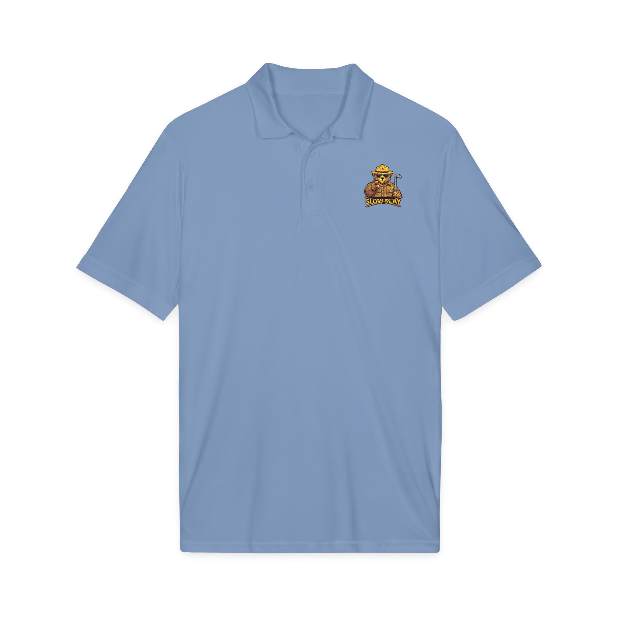 Embroidered No SLOW PLAY Bear Polo Shirt — White Performance Short-Sleeve