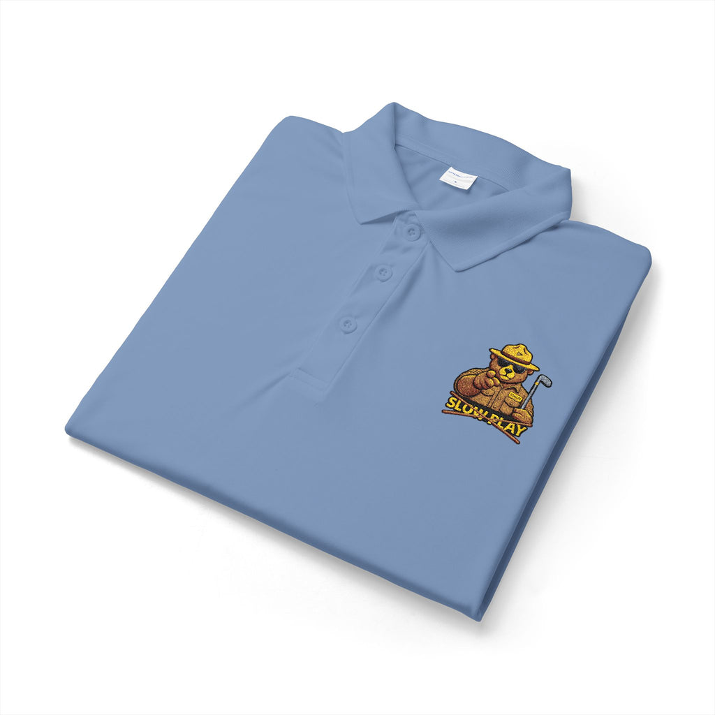 Embroidered No SLOW PLAY Bear Polo Shirt — White Performance Short-Sleeve