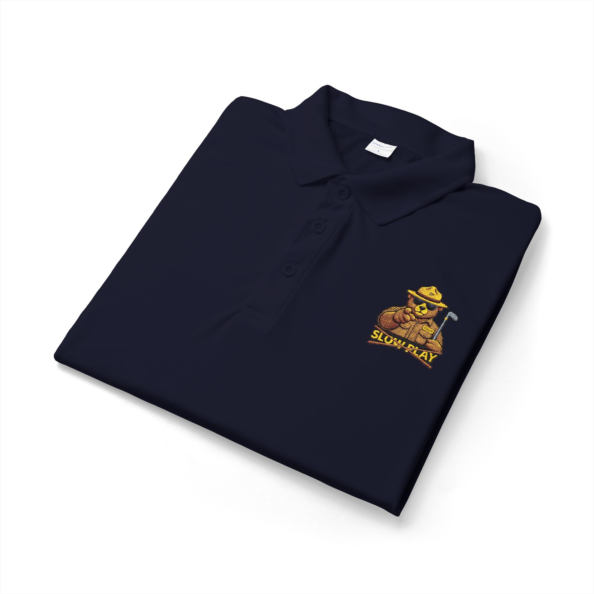 Embroidered No SLOW PLAY Bear Polo Shirt — White Performance Short-Sleeve