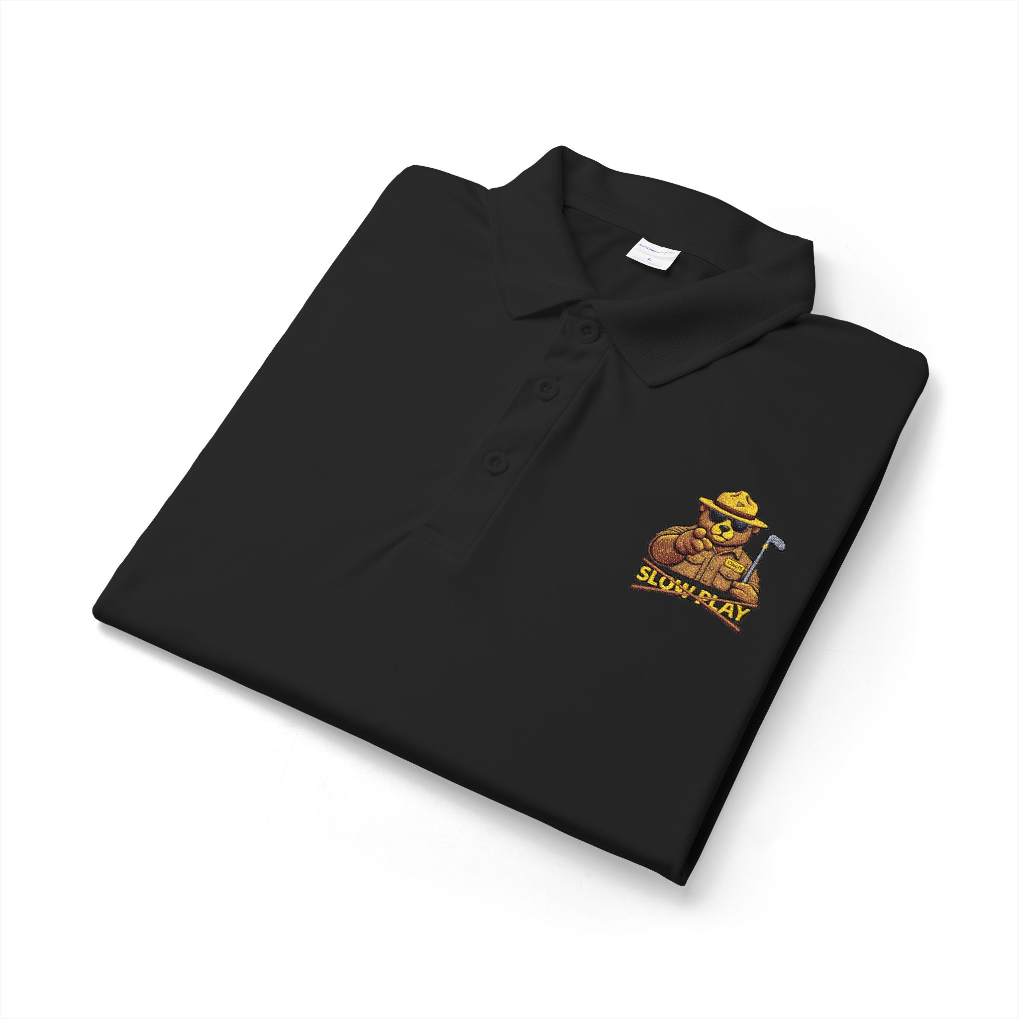 Embroidered No SLOW PLAY Bear Polo Shirt — White Performance Short-Sleeve